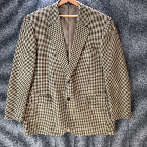 Vintage Club Room Blazer Men 46L‎ Houndstooth Silk Wool Sport Coat Jacket Tan - Picture 1 of 10